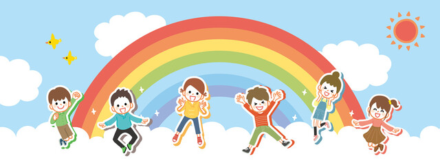 Children jumping cheerfully on the clouds