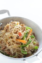 Korean food, homemade Japchae glass noodles and vegetable stir fried