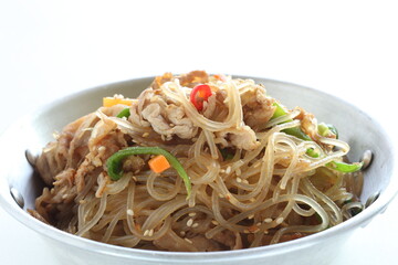 Korean food, homemade Japchae glass noodles and vegetable stir fried