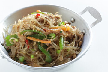 Korean food, homemade Japchae glass noodles and vegetable stir fried