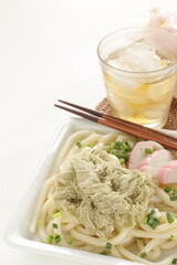 Japanese food, kamaboko and seaweed  Kombu on cold Udon noodles