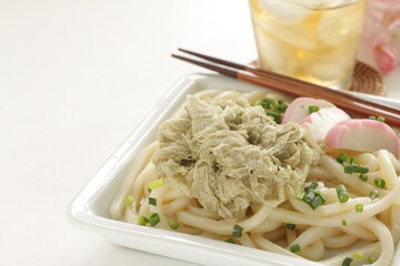 Japanese food, kamaboko and seaweed  Kombu on cold Udon noodles
