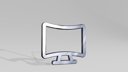 screen curved on the wall. 3D illustration of metallic sculpture over a white background with mild texture. phone and view