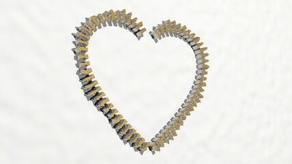 heart of chess made by 3D illustration of a shiny metallic sculpture on a wall with light background. mesh and brick