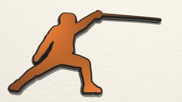 fancing athletic on the wall. 3D illustration of metallic sculpture over a white background with mild texture. beautiful and asian
