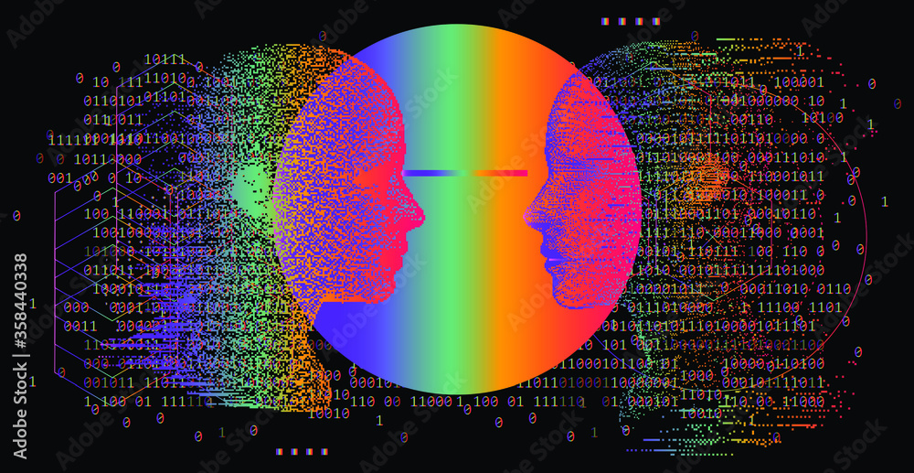 Poster artificial intelligence and virtual reality concept. 3d human head made of pixels in neon holographi