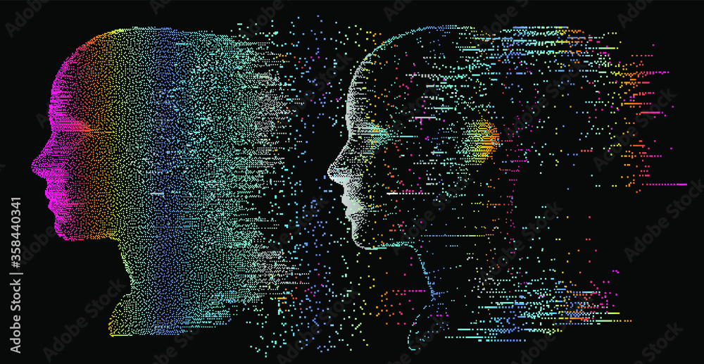 Poster artificial intelligence and virtual reality concept. 3d human head made of pixels in neon holographi