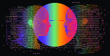 Artificial Intelligence and Virtual Reality concept. 3D human head made of pixels in neon holographic vivid colors on dark background. Vaporwave and Synthwave style illustration.