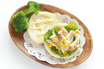 Chicken and mustard sauce in English muffin sandwich for comfort breakfast 