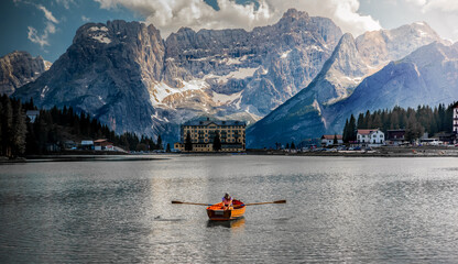 View of Misurina village, National Park Tre Cime di Lavaredo ,Lake Misurina, Dolomite, Italy