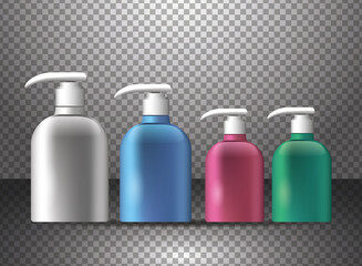 set of plastic bottles products with push dispenser