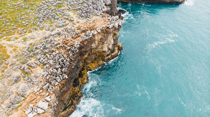 Coast as a background from top view. Turquoise water background from top view. Summer seascape from air. Nusa Penida island, Indonesia. Travel - image
