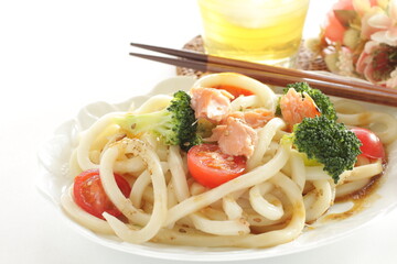 Japanese summer dish, salmon and vegetable Udon noodles salad