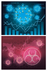 covid19 particles and earth planet with statistics bars futuristic lights
