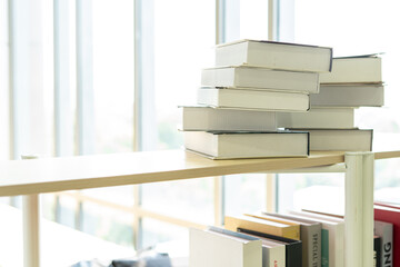 Stack of Books on the shelf near the windows.