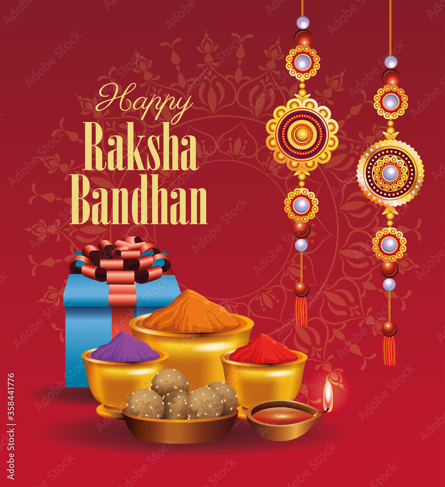 Poster happy raksha bandhan celebration with floral decoration and powder colors