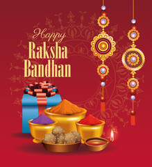 happy raksha bandhan celebration with floral decoration and powder colors