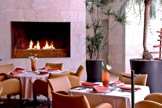 vista de un restaurante de lujo con chimenea, platos, cubiertos y servilletas sobre la mesa, decorado con floreros y plantas, interior de restaurante de estilo moderno 
