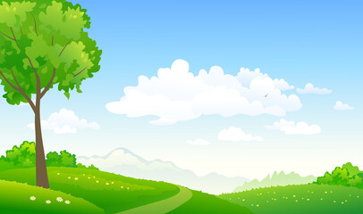 Green hills path and sky background