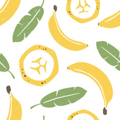 Cute banana seamless pattern. Ripe banana and palm leaves on white background. Can be used for wallpaper, fabric, wrapping paper or decoration. Vector hand drawn illustration