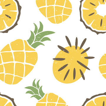 Cute pineapple seamless pattern. Ripe pineapple and slice on white background. Can be used for wallpaper, fabric, wrapping paper or decoration. Vector shabby hand drawn illustration