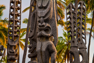 Fierce Looking Wooden Images of Gods, Puuhonua o Honaunau National Historical Park, Hawaii, USA