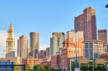 Fototapeta na wymiar Nice view of Boston and blue skies in evening time. Boston is the capital and most populous city of the Commonwealth of Massachusetts
