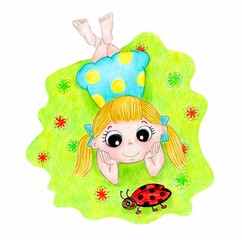 girl with ponytails in a blue polka-dot dress lies on the lawn and looks at a ladybug