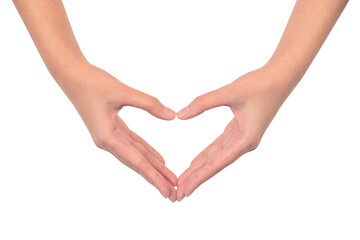 Close up of beautiful female hands in heart shape isolated on white background