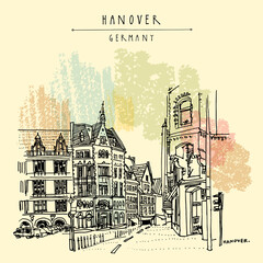 Old town street in Hanover (Hannover), Germany, Europe. Historical buildings. Freehand drawing. Travel sketch. Vintage touristic postcard, poster or book illustration. EPS 10 vector