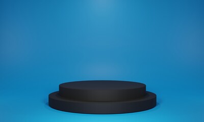 3D rendering of two blank, layered, black, round display podium or surface. Illustration has blue background with studio lighting. Great template for exhibitions, product showcases and advertising.