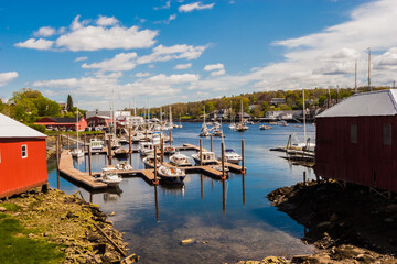 Fototapeta na wymiar Boats at Anchor in Camden Harbor, Camden, Maine, USA