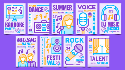 Music Concert Creative Promo Posters Set Vector. Rock And Dj Electro Music, Karaoke And Dancing Club, Talent And Voice Show Advertising Banners. Concept Template Stylish Colorful Illustrations
