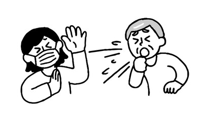 咳するシニア男性と嫌がるマスク私服女性（シンプル）