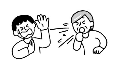 咳するシニア女性と嫌がる私服男性（シンプル）