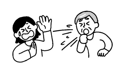 咳する私服男性と嫌がる私服女性（シンプル）