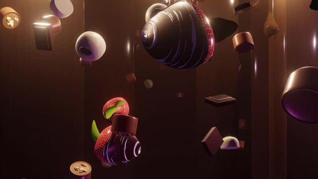 A delicious array of chocolates and treats falling down a flowing chocolate fountain.