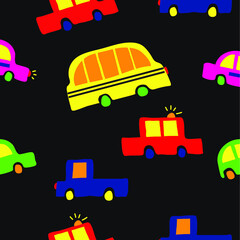 Seamless pattern doodles car with black background.