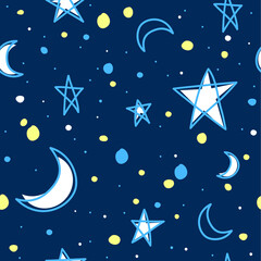 Fototapeta na wymiar Seamless pattern star and moon with dark blue and circle background