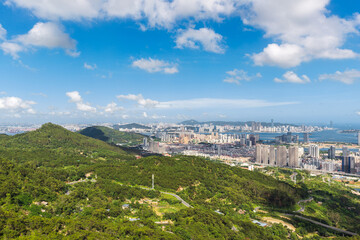 Aerial view of Cityscape with blue sky and buildings in Haicang New District, Xiamen City, Fujian Province