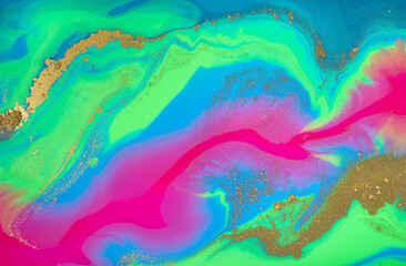 Green, pink and blue mixed inks. Artwork paint stains with gold powder scattering.