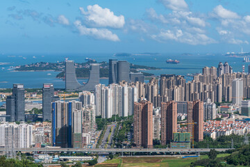 Aerial view of Cityscape with blue sky and buildings in Haicang New District, Xiamen City, Fujian Province