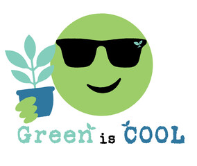 Smiling green emoji holding a plant in a pot, Green is cool text, to grow house plants and care about your environment