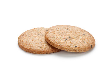 Round digestive biscuits on white background.