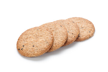 Round digestive biscuits on white background.