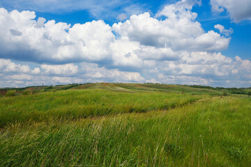 Summer natural landscape, meadow, field, hills. Beautiful blue sky with clouds.