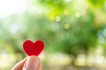 Hand hold little heart meaning feel love with green nature bokeh.