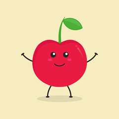 Cute Flat Cartoon Cherry Illustration. Vector illustration of cute Cherry with a smiling expression. Cute Cherry mascot design