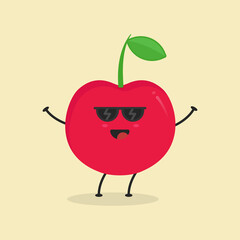 Cute Flat Cartoon Cherry Illustration. Vector illustration of cute Cherry with a smiling expression. Cute Cherry mascot design