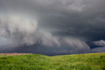 Obraz na płótnie Canvas A dark storm advances, featuring a ragged shelf cloud with rain and hail behind it.